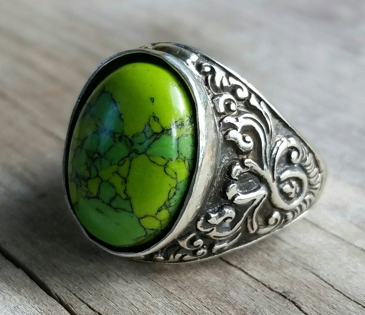 Green Turquoise, mens stone ring,sterling silver, wedding, mens fashion,antique,vintage, scroll, pattern,handmade,signet ring,boho,designer