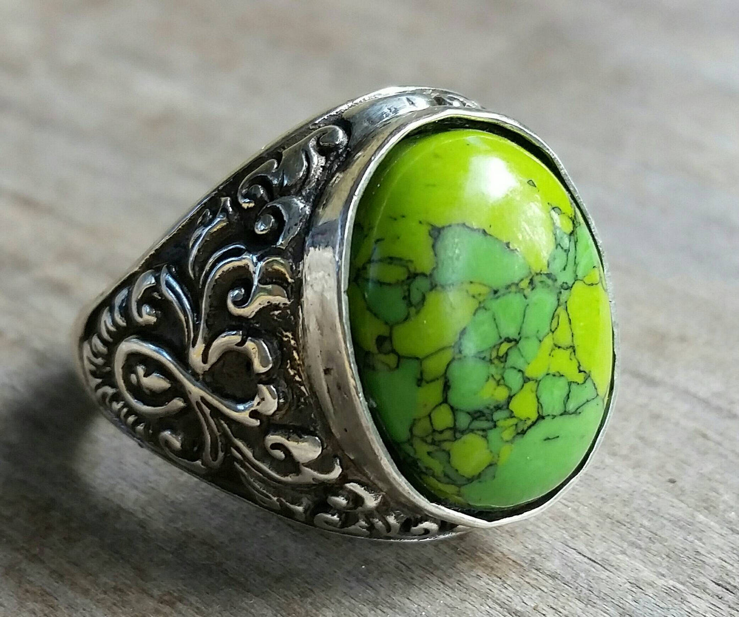 Green Turquoise, mens stone ring,sterling silver, wedding, mens fashion,antique,vintage, scroll, pattern,handmade,signet ring,boho,designer