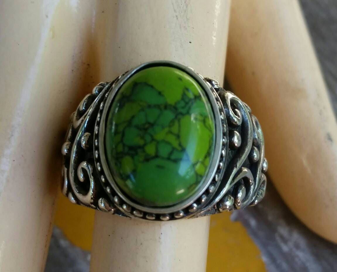 Green Turquoise ring, sterling silver,mosaic,mans dress wedding ring, antique scroll,vintage,hipster,boho,hand made,large stone ring