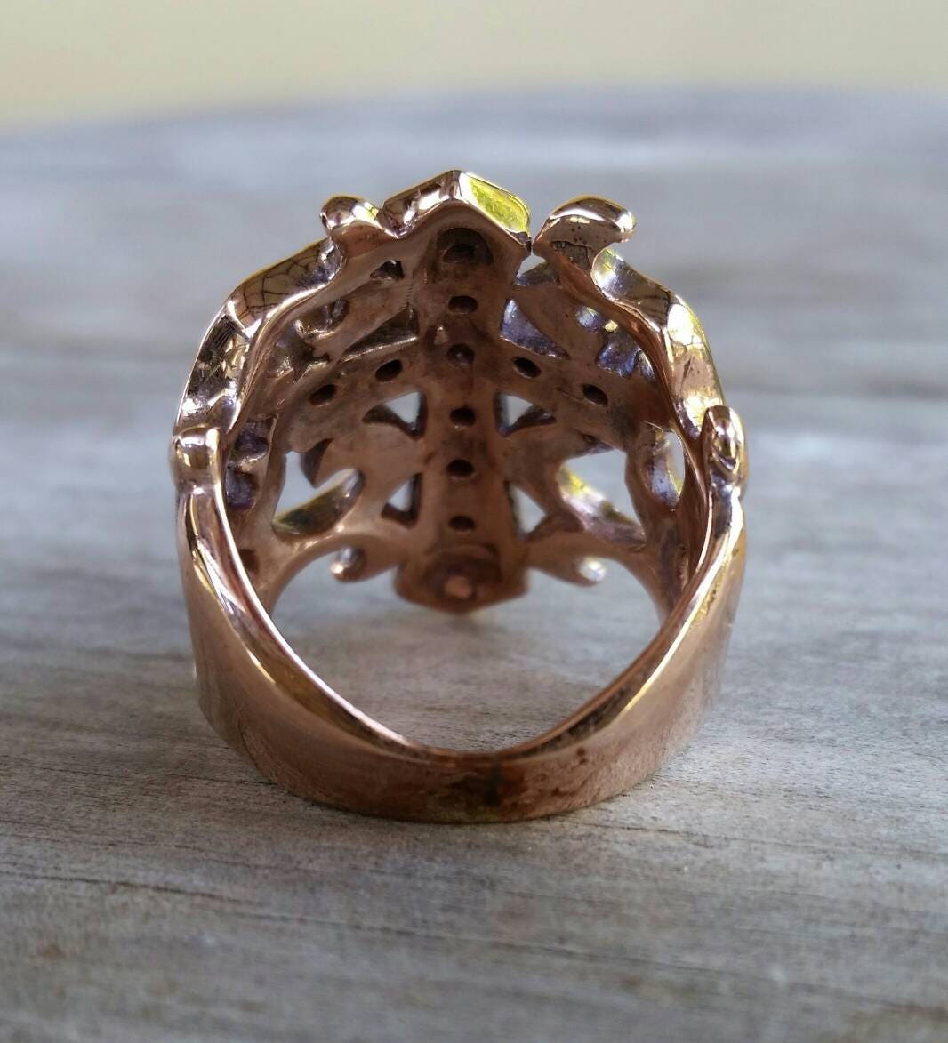 Rose gold,Large,cross ring,solid 9ct gold,ornate filegree,vintage, steampunk,wedding ring,religious,God,jesus,church,Christian,made to order