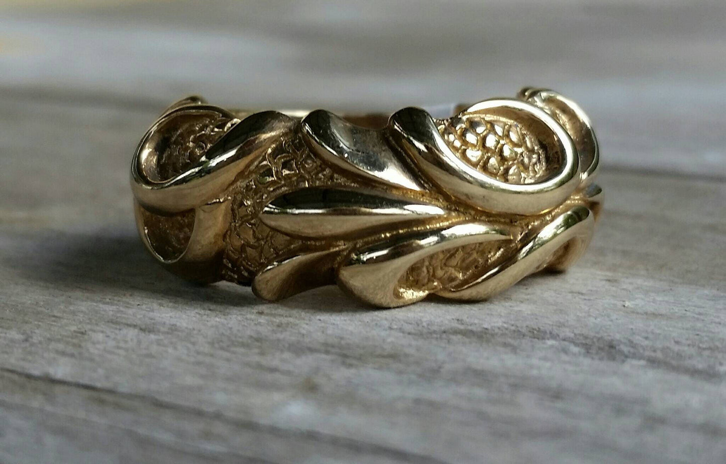 Ornate Gold ring,9k gold,chunky dragon skin design,steampunk,scroll,modern,mans fashion,gold wedding band,boho,half rounded band