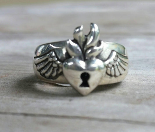 sacred heart ring, flaming heart, rockabilly,angel wings,padlock heart,love,feather, gothic, steampunk,goddess,flame ring