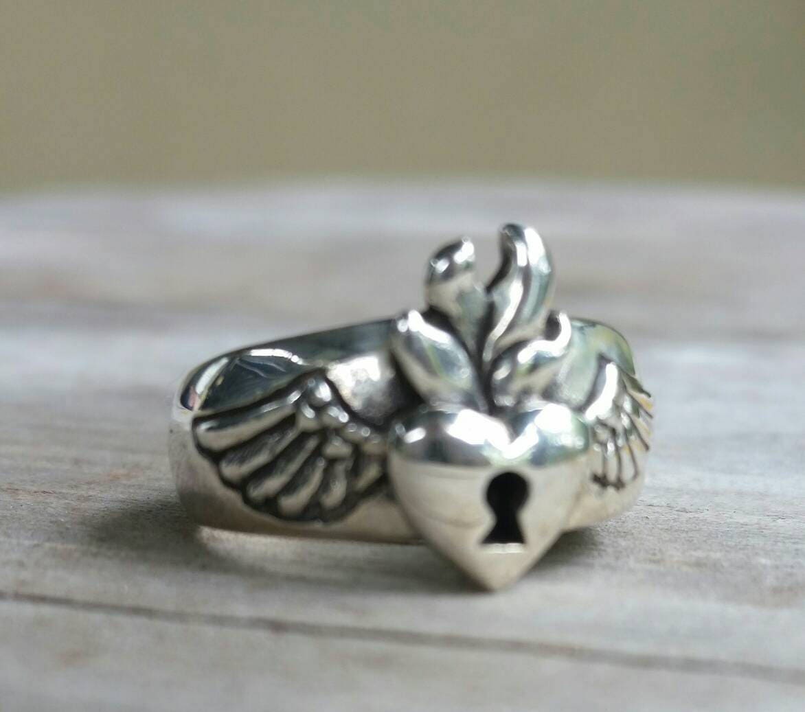 sacred heart ring, flaming heart, rockabilly,angel wings,padlock heart,love,feather, gothic, steampunk,goddess,flame ring