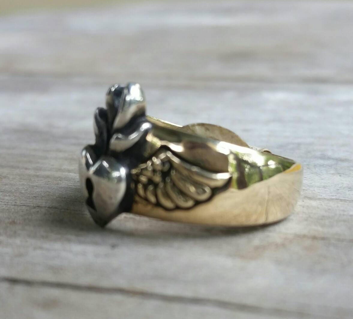 Heart ring,Two tone, 9k gold and sterling silver,sacred flaming heart, cladder ring alternative steampunk gothic