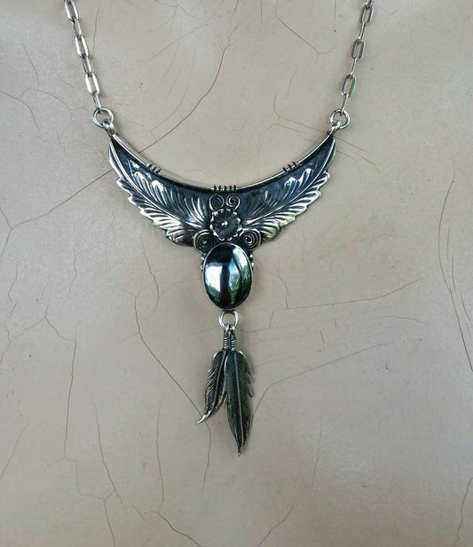 Large Hemitite feather sterling silver Navajo Indian style necklace pendant