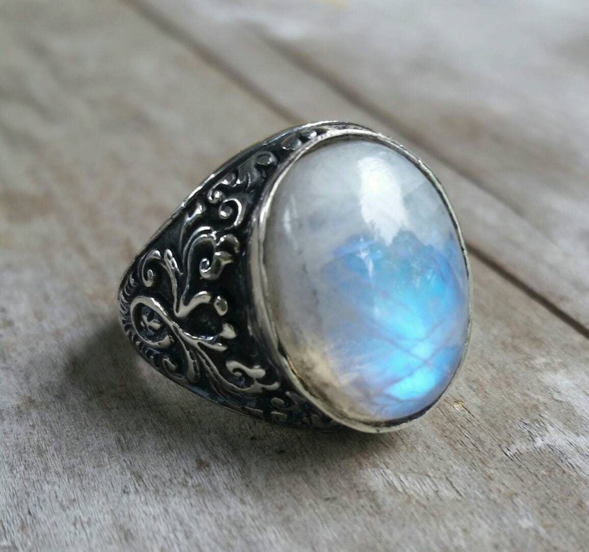 moonstone sterling silver dress wedding dress ring antique scroll pattern rainbow moonstone