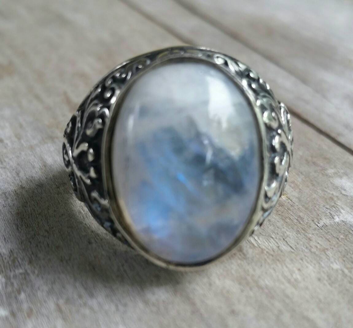 moonstone sterling silver dress wedding dress ring antique scroll pattern rainbow moonstone