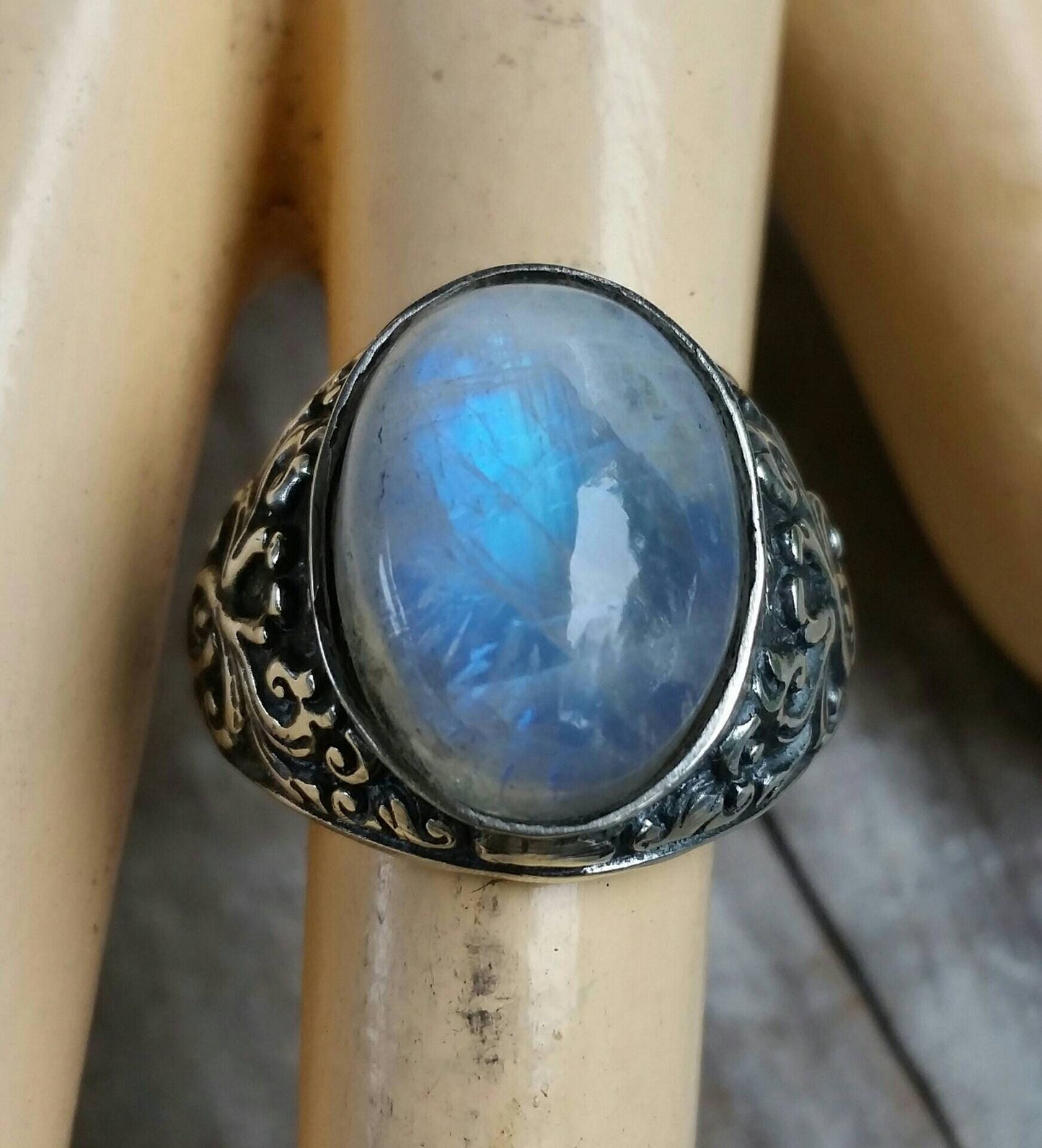 moonstone sterling silver dress wedding dress ring antique scroll pattern rainbow moonstone