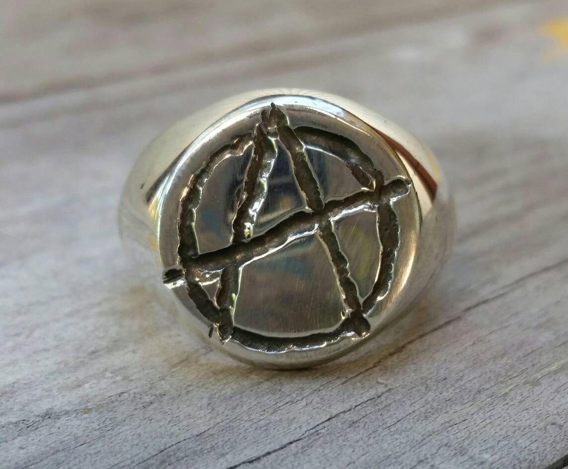 Large Anarchy ring, sterling silver,rebel, steampunk, punk, signet ring,sid vicious,handmade,mens fashion,chunky ring,emo,grunge