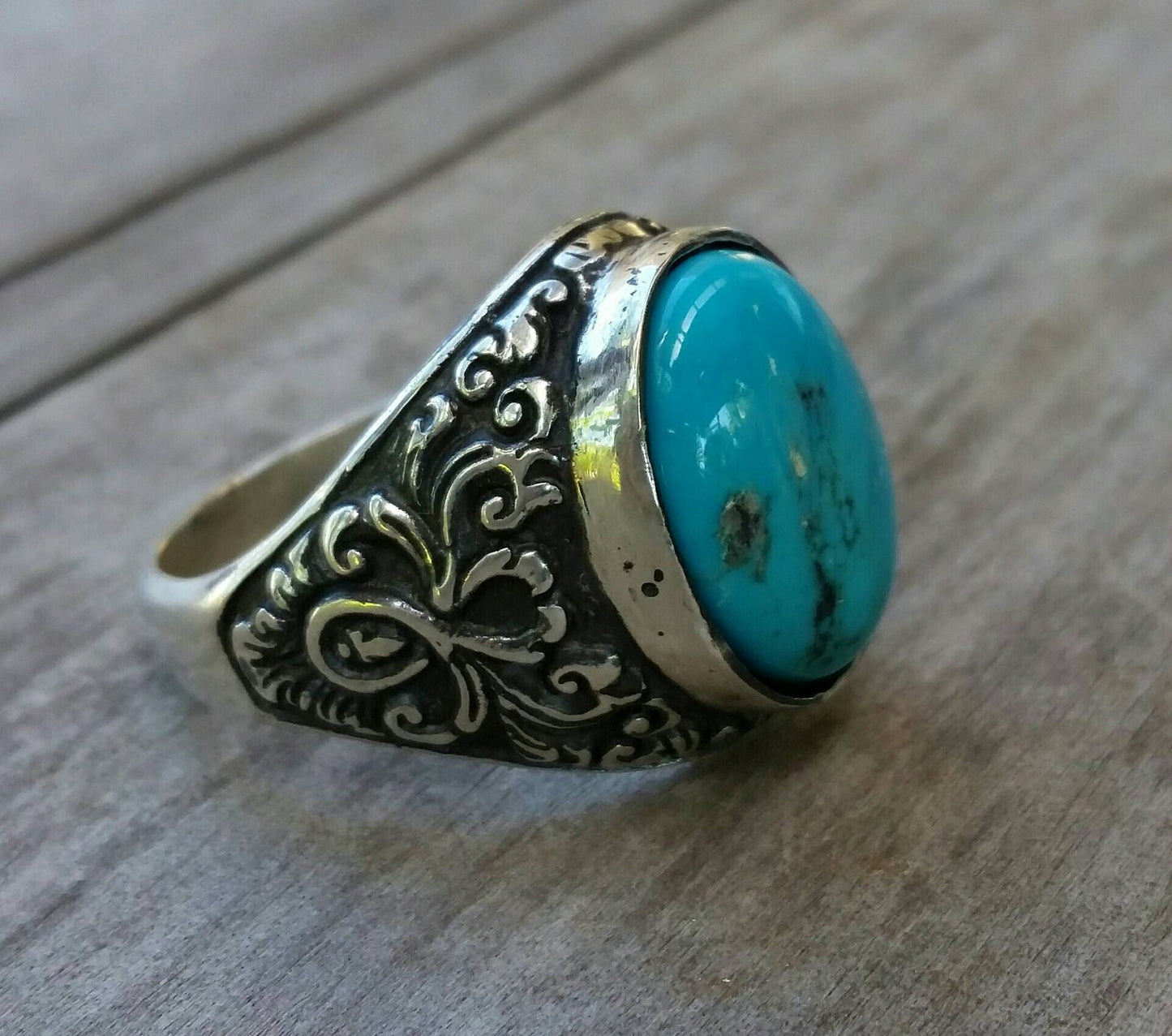 Turquoise,mens stone ring, sterling silver,wedding,antique scroll,swirly,vintage,handmade,boho,mens fashion,signet ring,steampunk,hipster