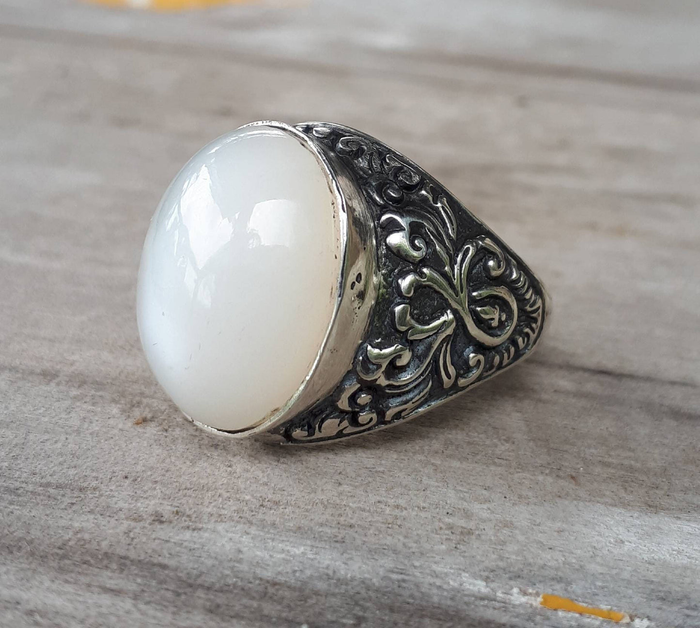 moonstone sterling silver dress wedding dress ring antique scroll pattern white moonstone