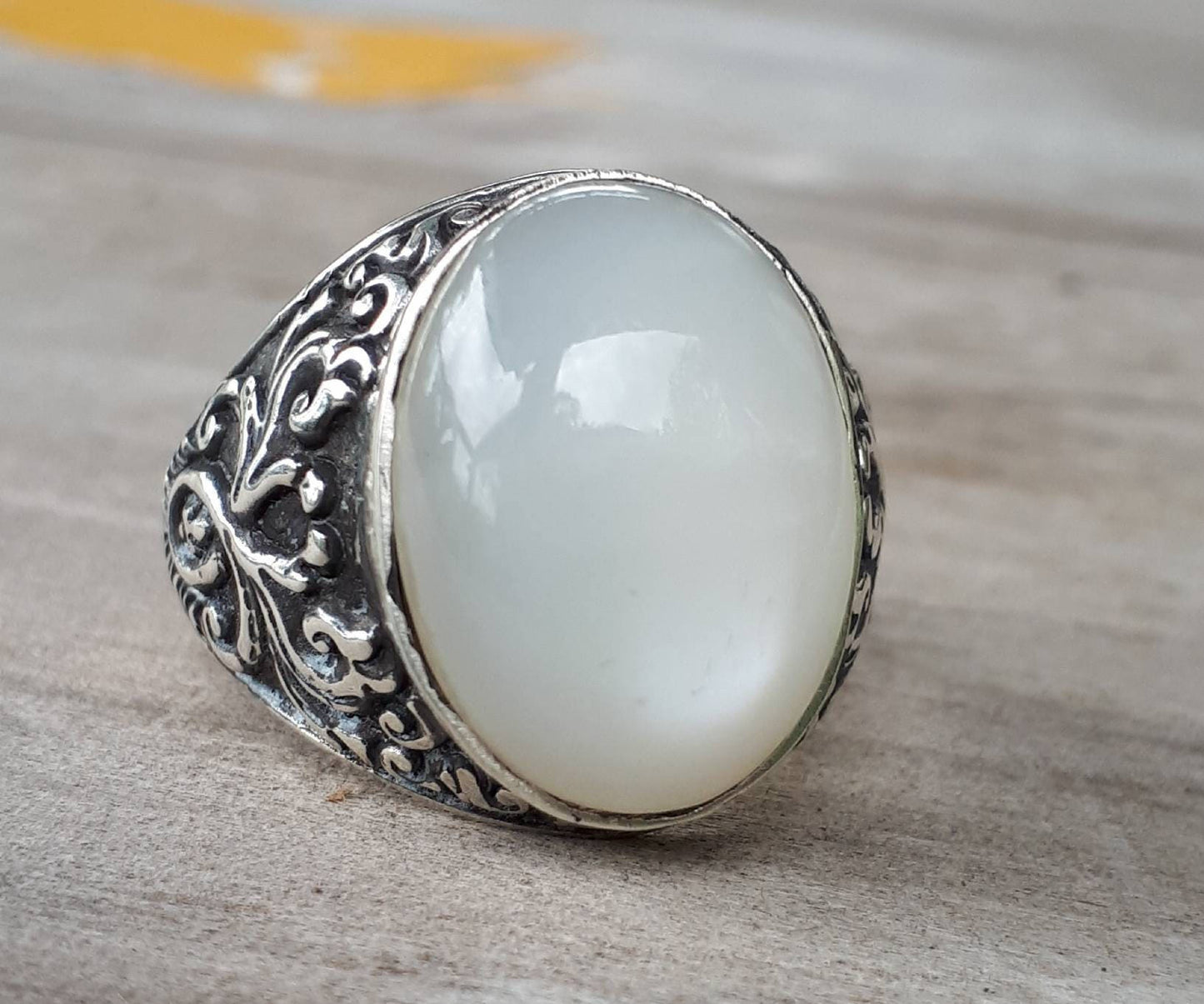 moonstone sterling silver dress wedding dress ring antique scroll pattern white moonstone