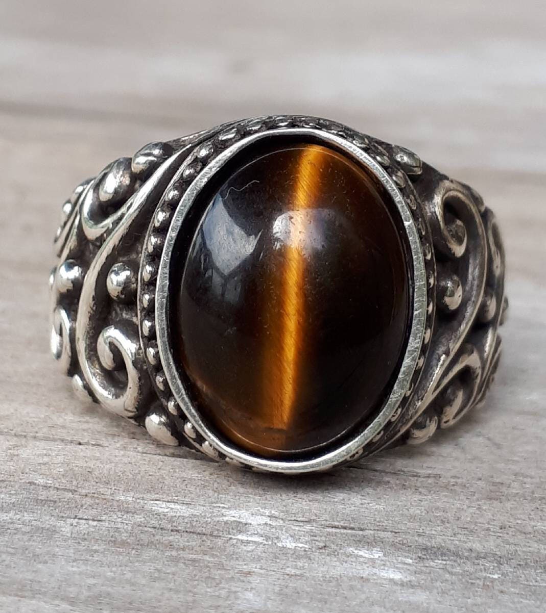 Tigers eye sterling silver dress wedding dress ring antique scroll pattern brown stone