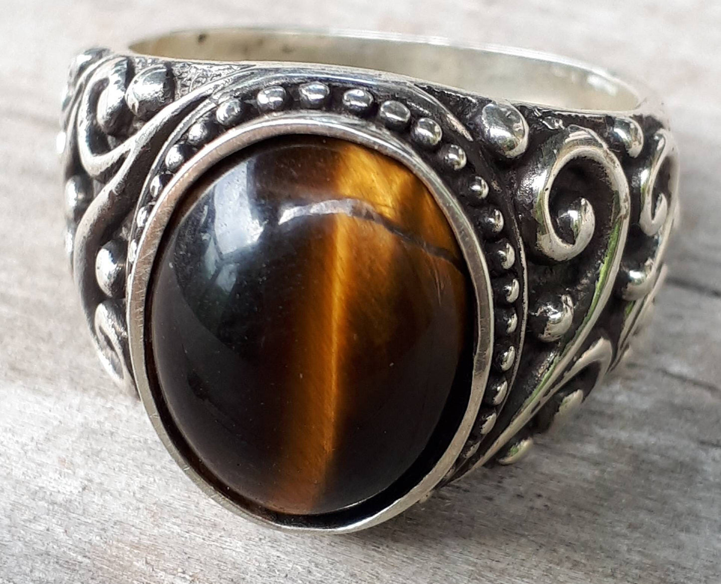 Tigers eye sterling silver dress wedding dress ring antique scroll pattern brown stone