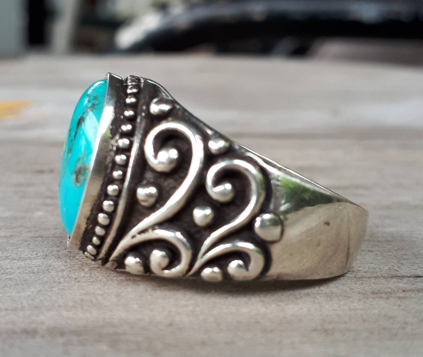 Turquoise sterling silver dress wedding dress ring antique scroll pattern