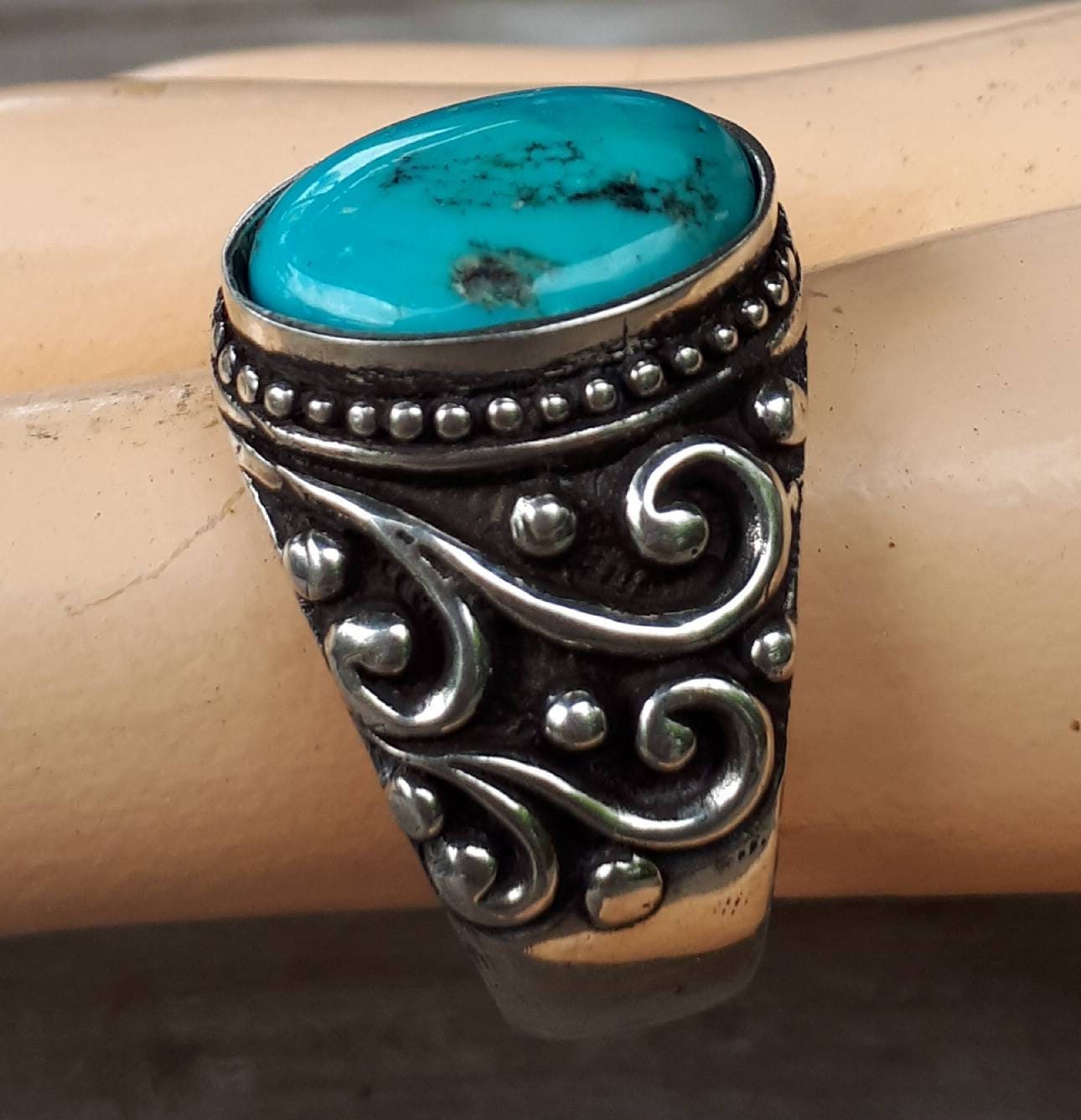 Turquoise sterling silver dress wedding dress ring antique scroll pattern