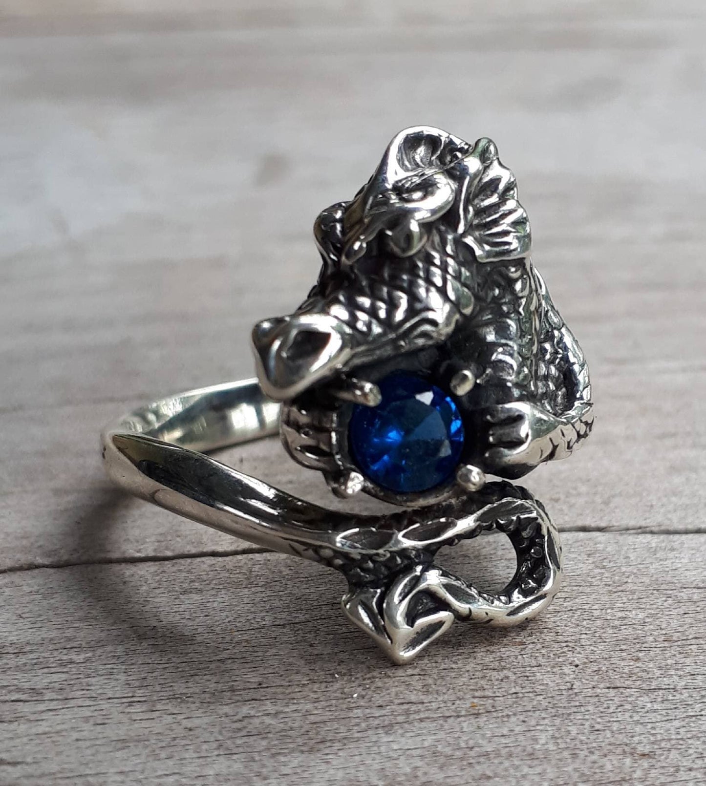 Dragon ring, blue cz, sterling silver,welsh dragon,handmade, fantasy mythical steampunk gothic punk green stone ring