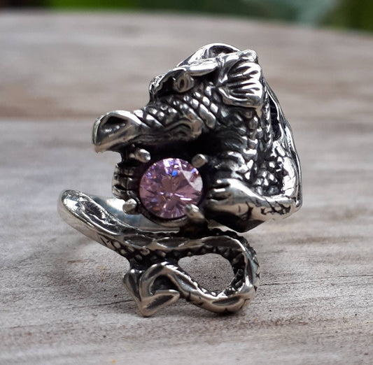 Dragon ring pink cz sterling silver  fantasy mythical steampunk gothic punk green stone ring