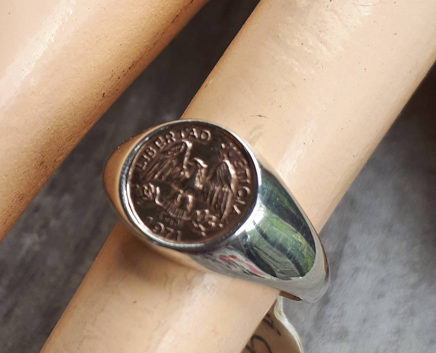 Gold and silver coin ring,signet, two tone ring,quarto peso 9ct gold coin replica,sterling silver  ring,pinkie ring