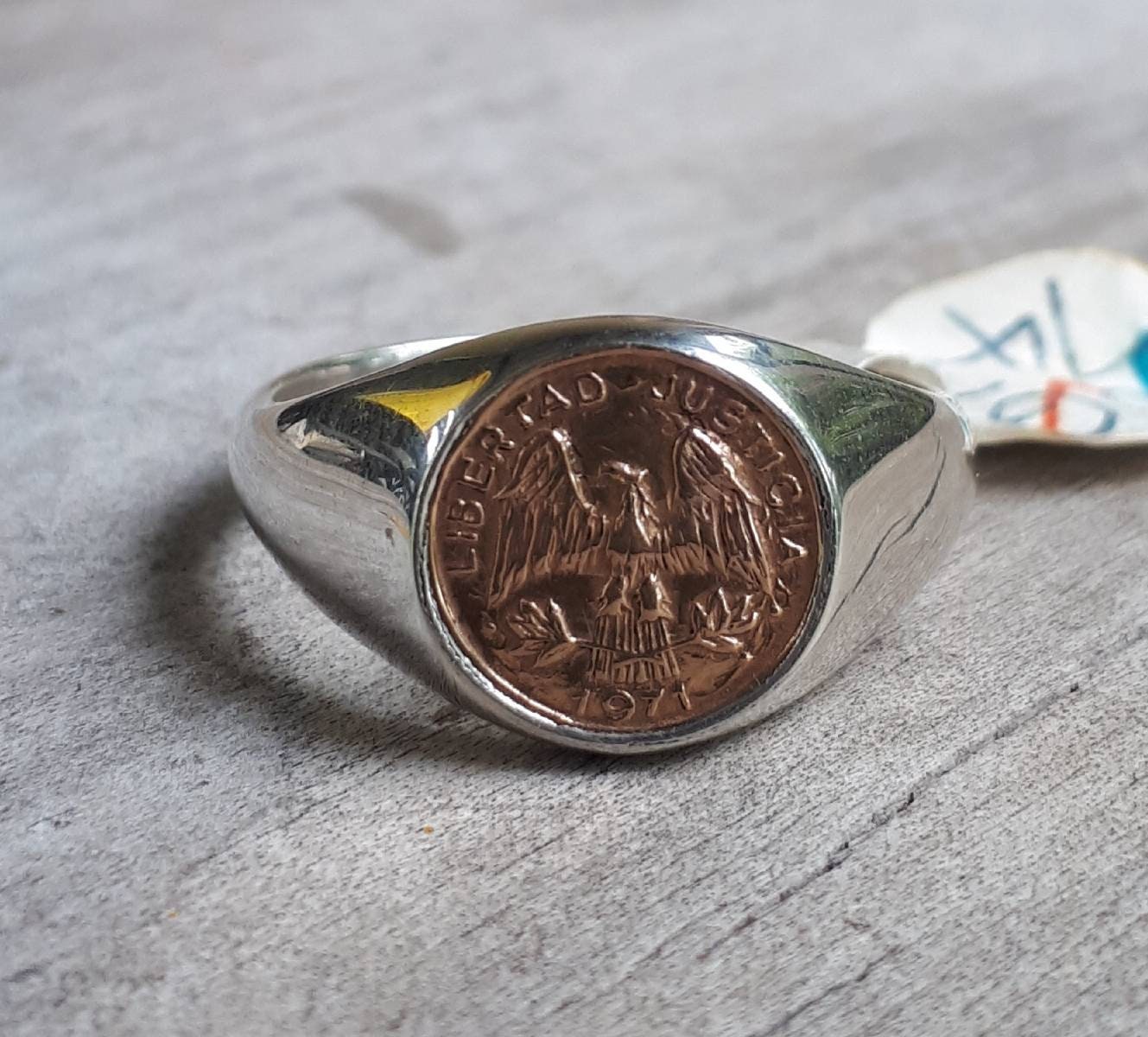 Gold and silver coin ring,signet, two tone ring,quarto peso 9ct gold coin replica,sterling silver  ring,pinkie ring