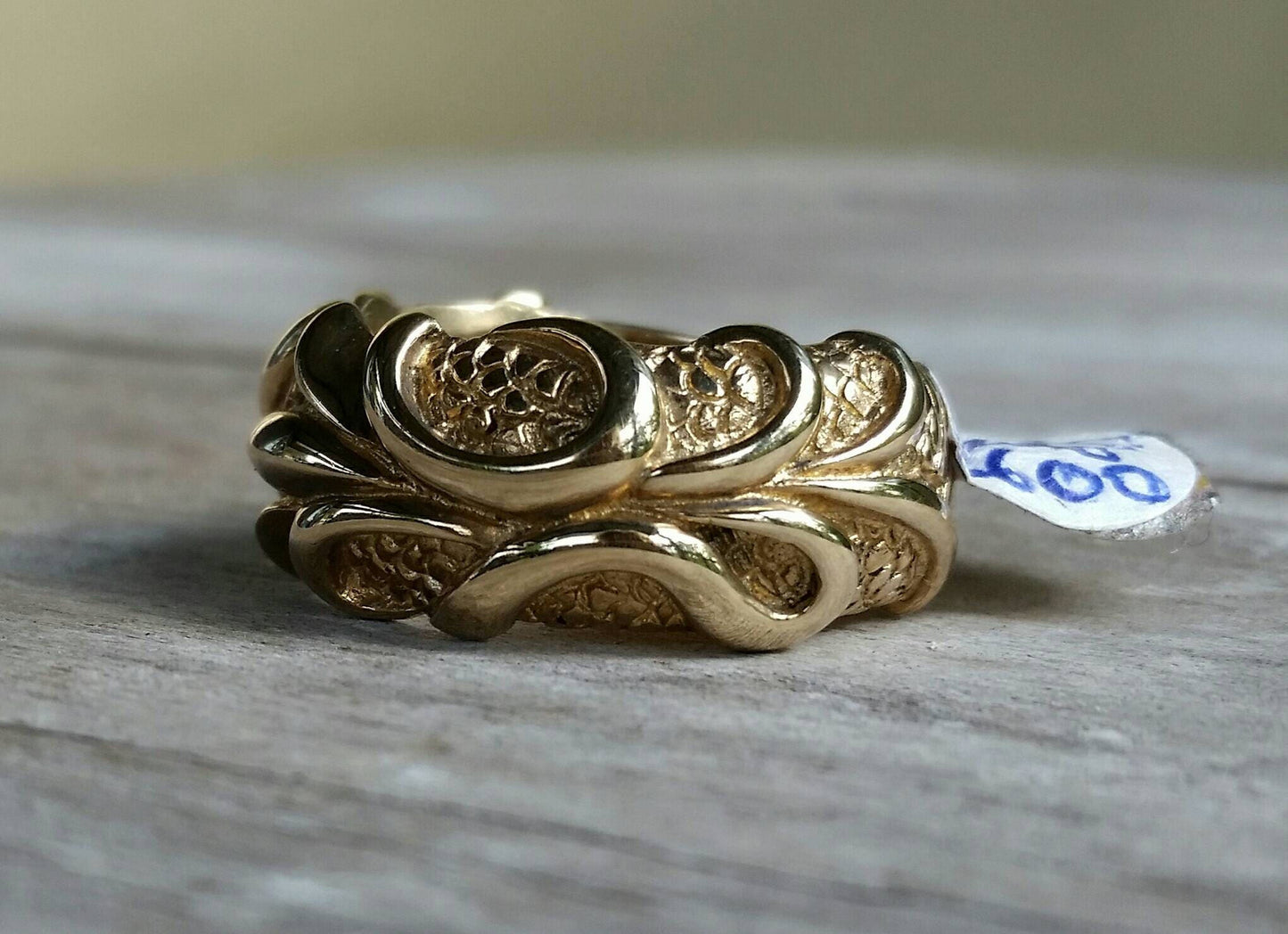 Ornate Gold ring,9k gold,chunky dragon skin design,steampunk,scroll,modern,mans fashion,gold wedding band,boho,half rounded band