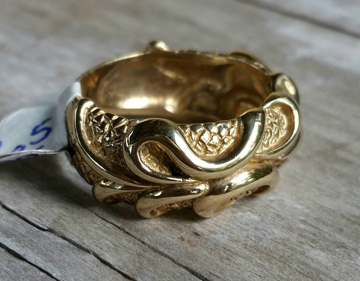 Ornate Gold ring,9k gold,chunky dragon skin design,steampunk,scroll,modern,mans fashion,gold wedding band,boho,half rounded band