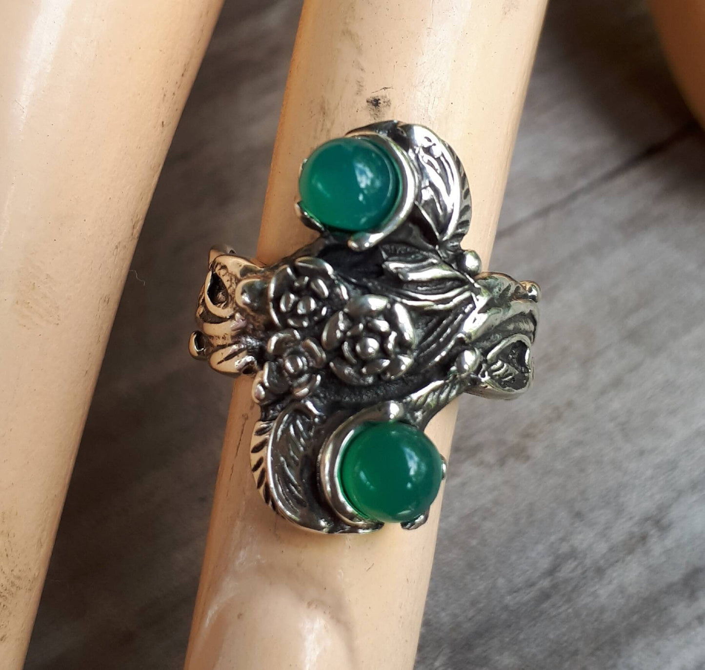 Rose flower ring green onyx sterling silver alternative steampunk gothic art nouveau victorian flower rockabilly