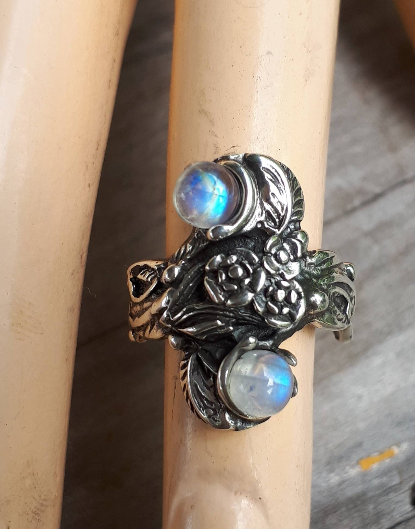 Rose flower ring turquoise and coral  sterling silver alternative steampunk gothic art nouveau victorian flower rockabilly