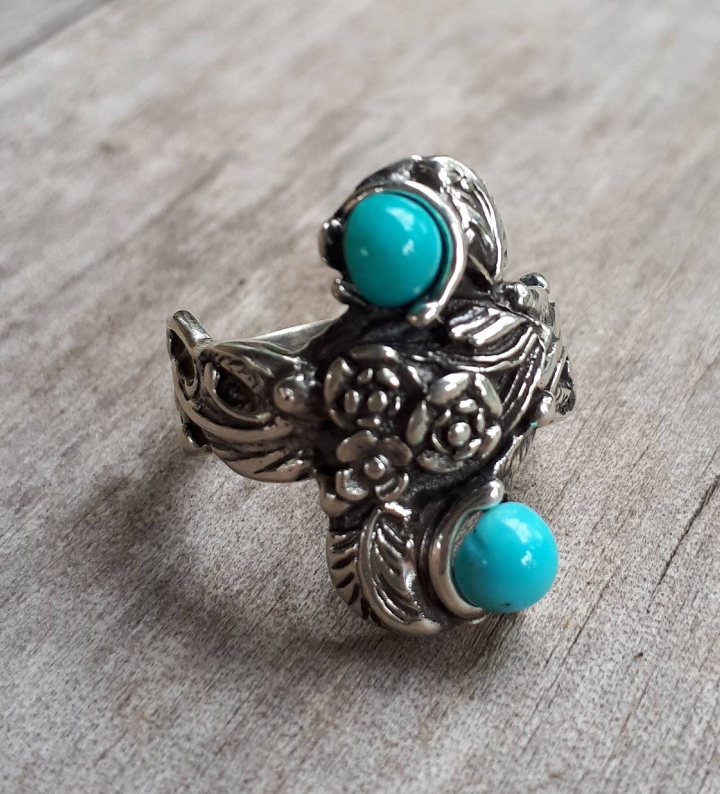 Rose flower ring turquoise and coral  sterling silver alternative steampunk gothic art nouveau victorian flower rockabilly