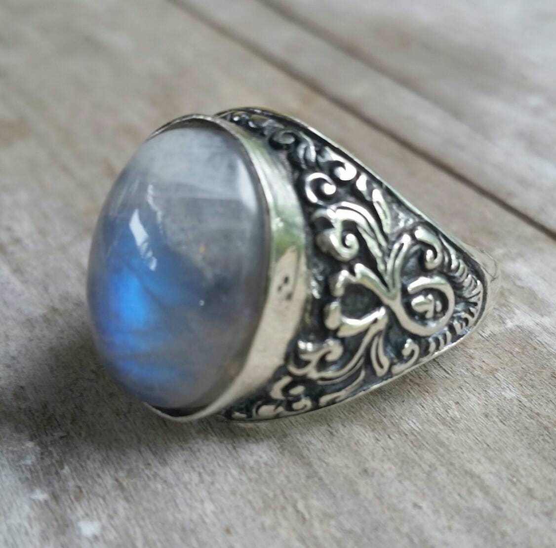 moonstone sterling silver dress wedding dress ring antique scroll pattern rainbow moonstone