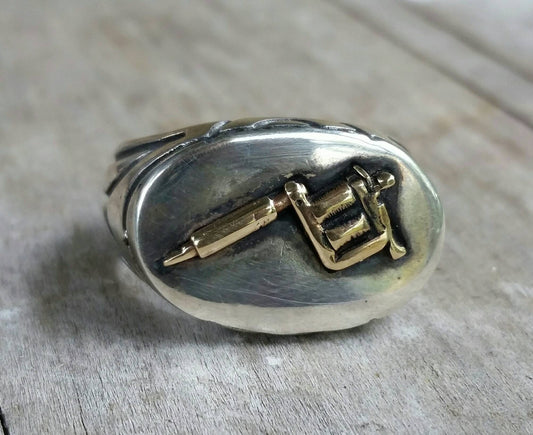 Tattoo gun ring gold and silver steampunk