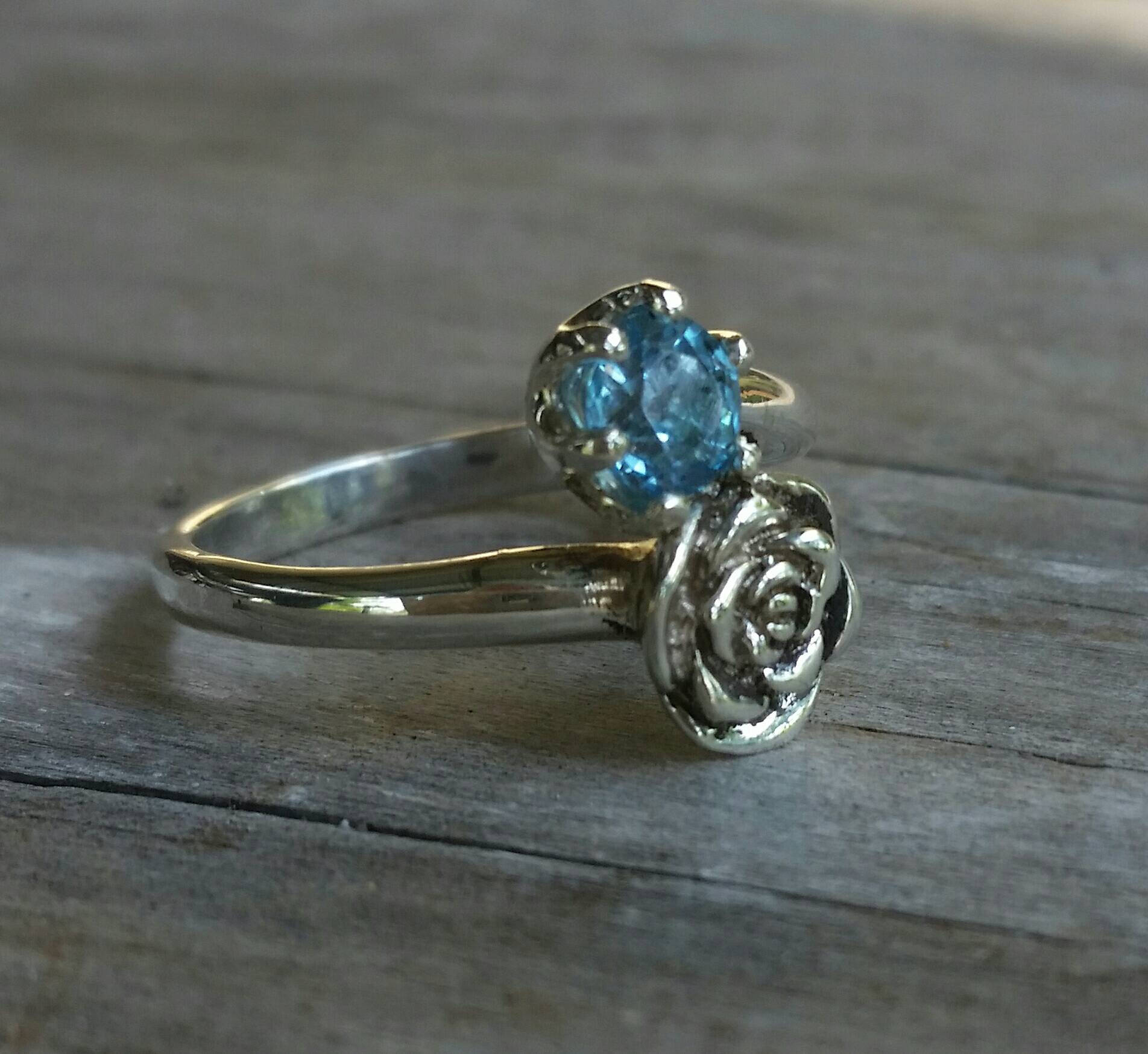 rose ring,sterling silver,cz,long ring, boho flower art nouveau victorian