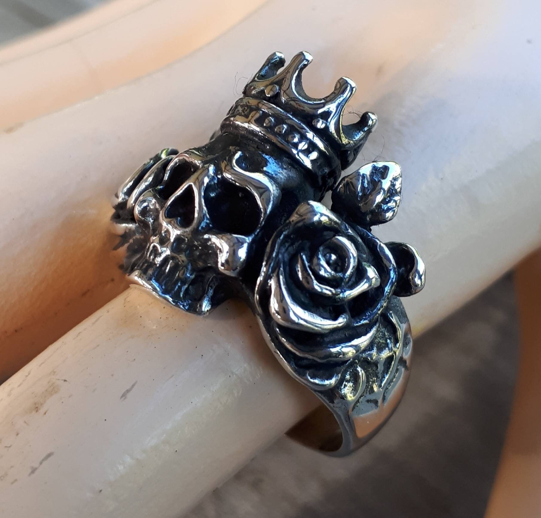 skull rose ring,crown ring, sterling silver ring ,steampunk, gothic punk, pirate,sugar skull,biker,black stone,hand made,hipster,rockabilly