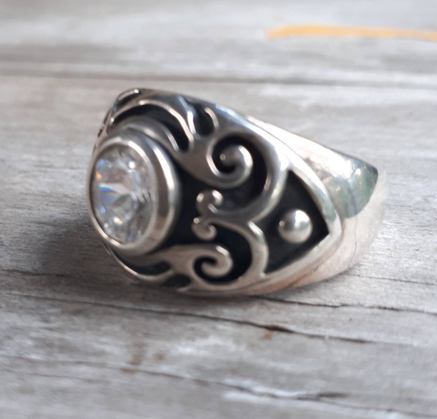 Chunky stone ring,sterling silver,cubic ring,dress ring,signet ,tribal,vintage,boho,scroll,hipster,