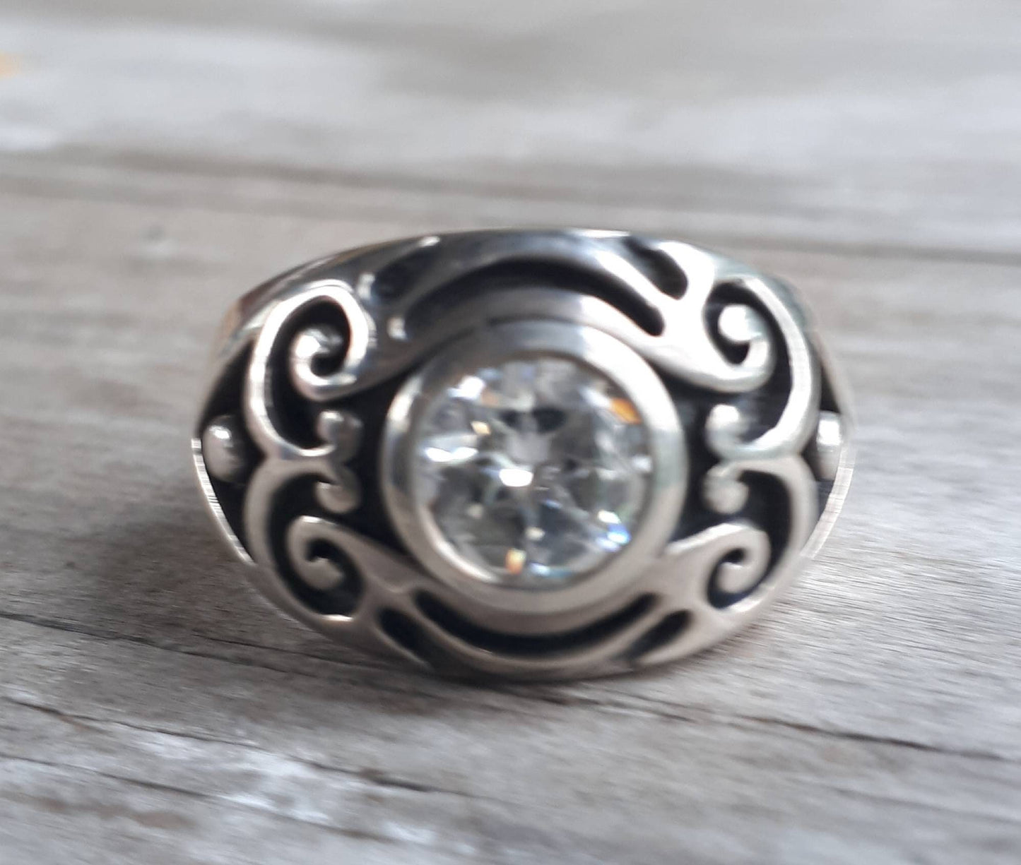 Chunky stone ring,sterling silver,cubic ring,dress ring,signet ,tribal,vintage,boho,scroll,hipster,