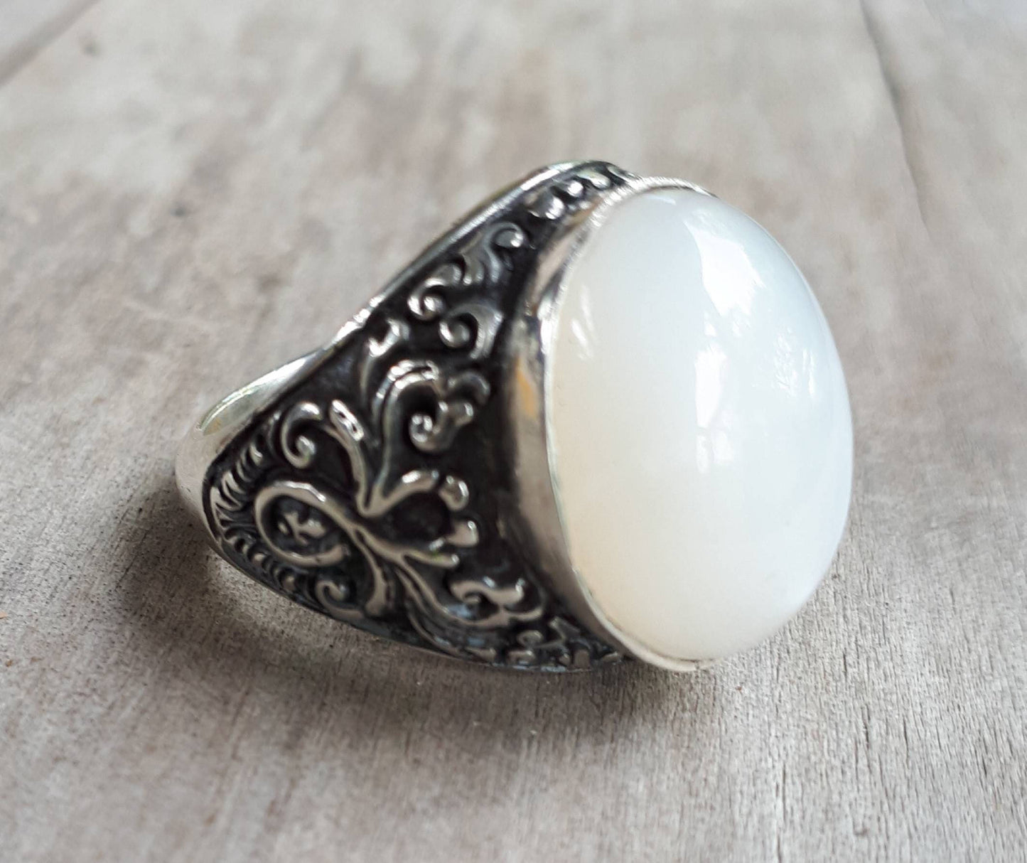 moonstone sterling silver dress wedding dress ring antique scroll pattern white moonstone