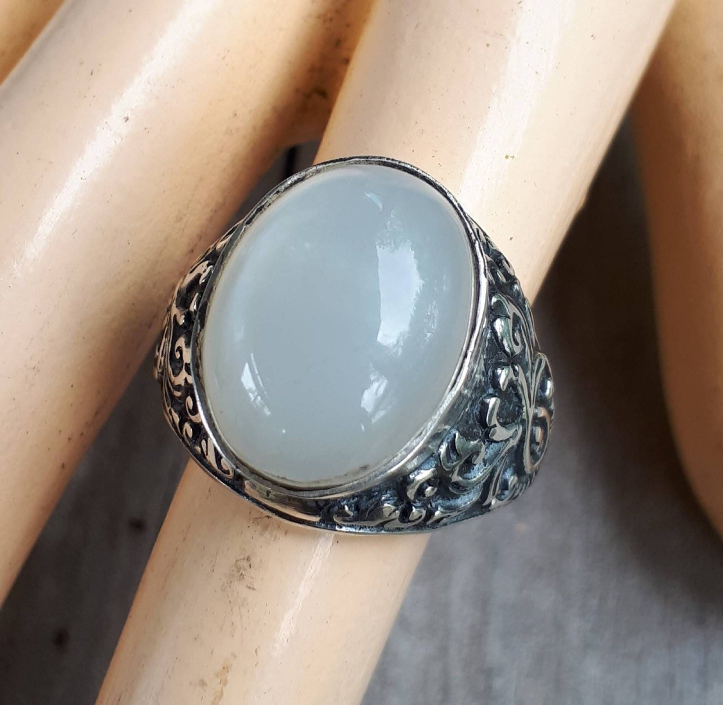 moonstone sterling silver dress wedding dress ring antique scroll pattern white moonstone