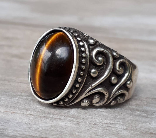 Tigers eye sterling silver dress wedding dress ring antique scroll pattern brown stone