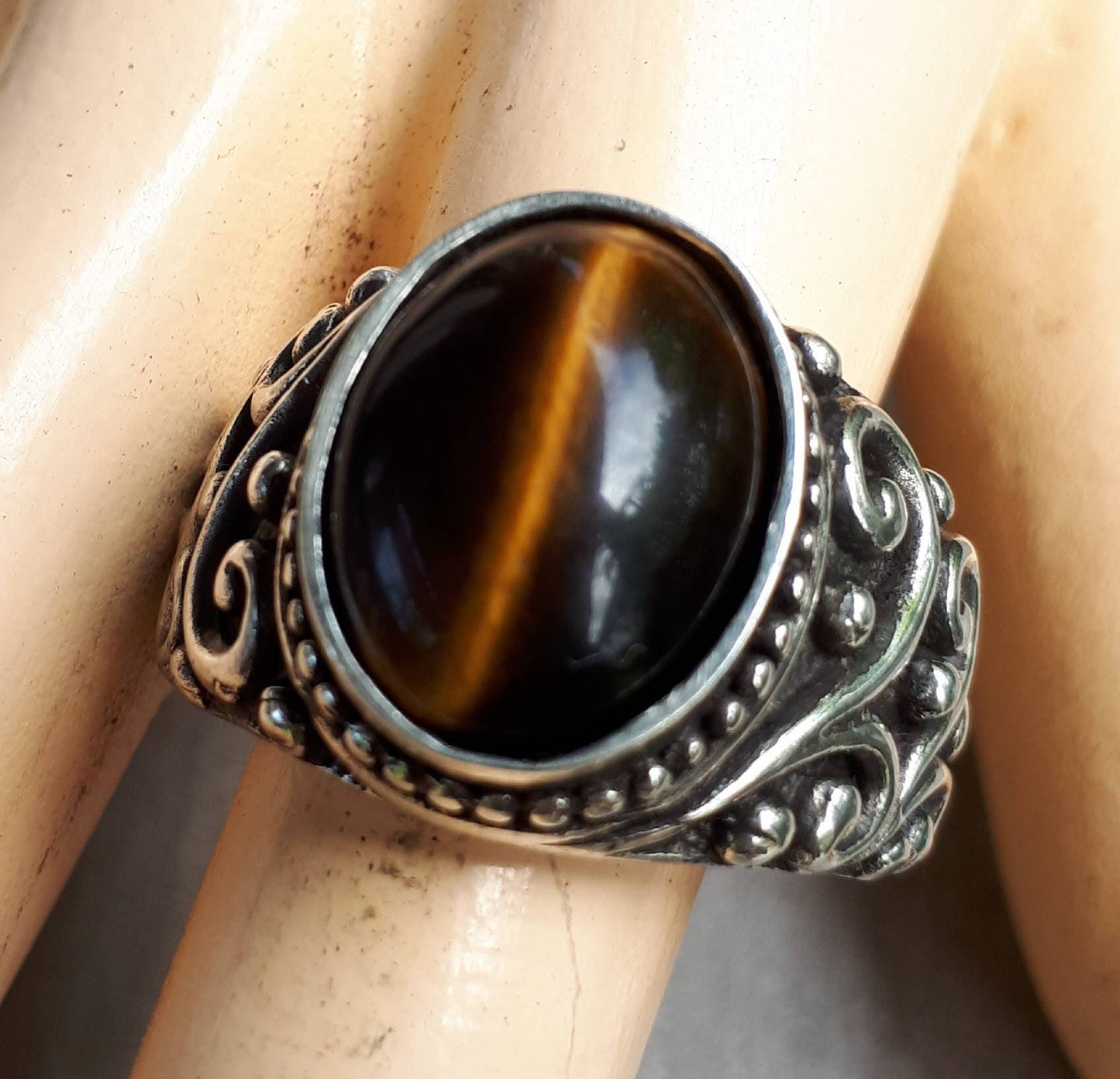 Tigers eye sterling silver dress wedding dress ring antique scroll pattern brown stone