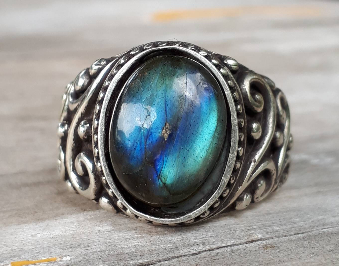 Labradorite  sterling silver dress wedding dress ring antique scroll pattern brown stone