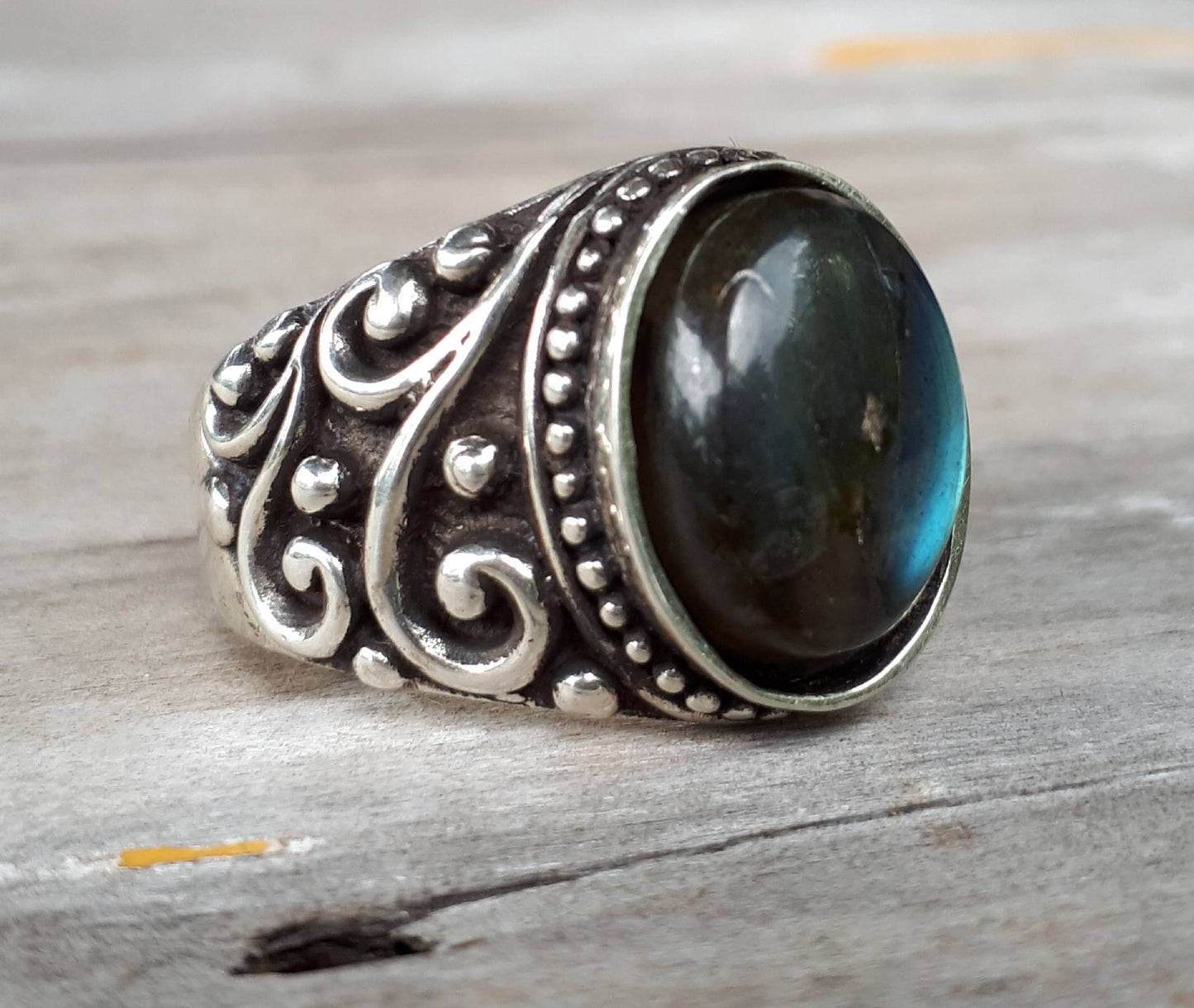 Labradorite  sterling silver dress wedding dress ring antique scroll pattern brown stone