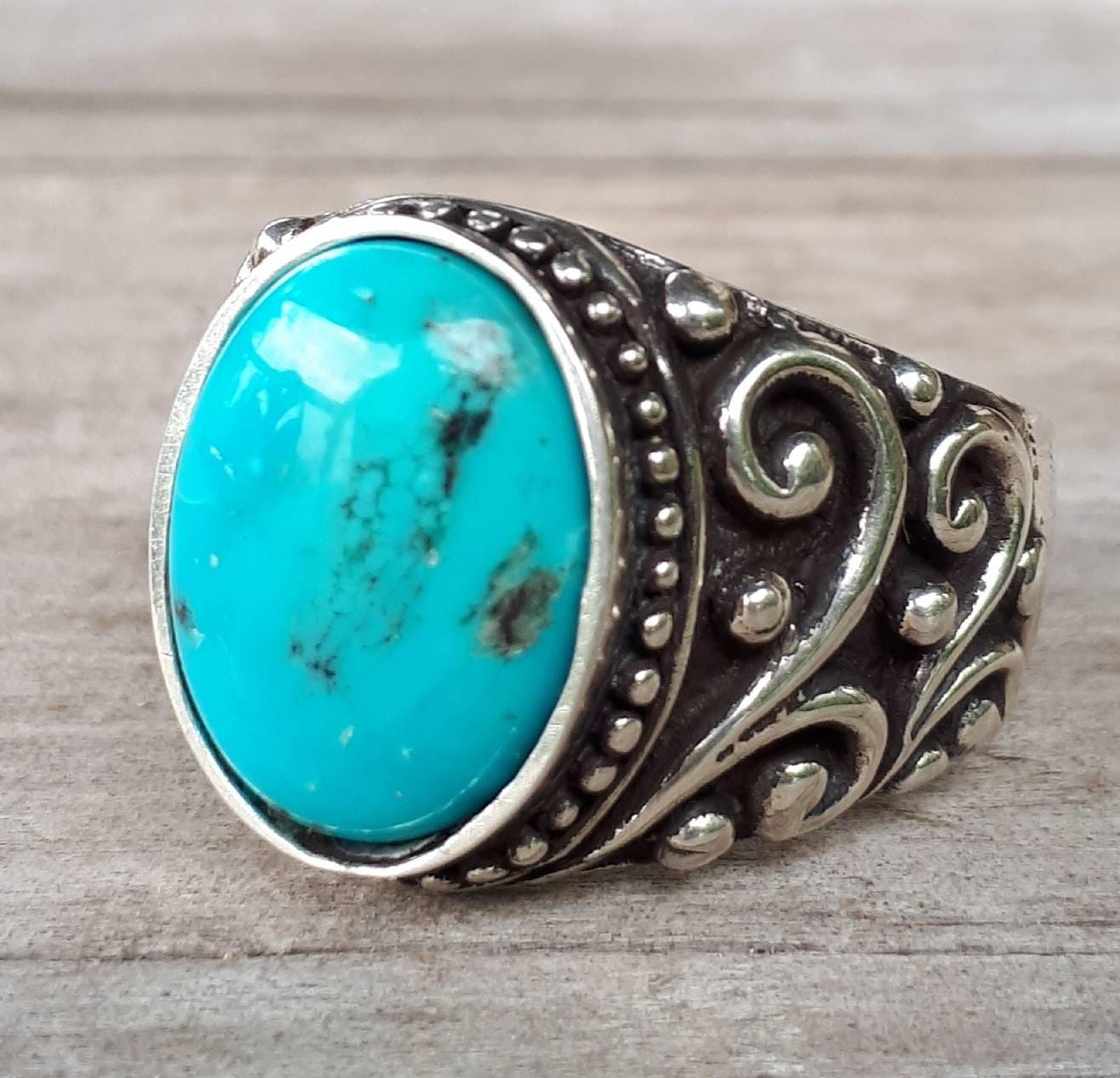 Turquoise sterling silver dress wedding dress ring antique scroll pattern