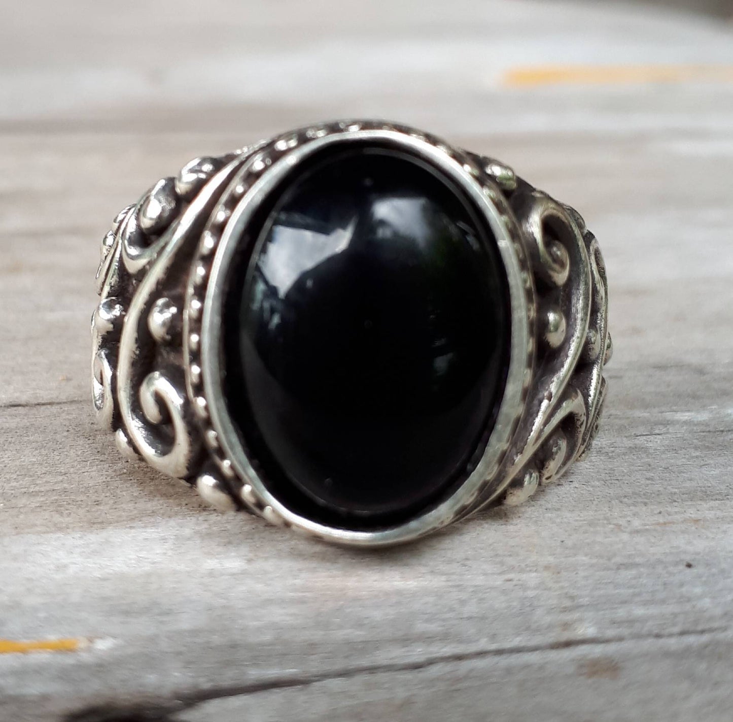 Onyx ring,chunky,sterling silver,handmade,boho,vintage,silver wedding,new age,crystal ring,antique,scroll,mans  black stone ring,signet ring