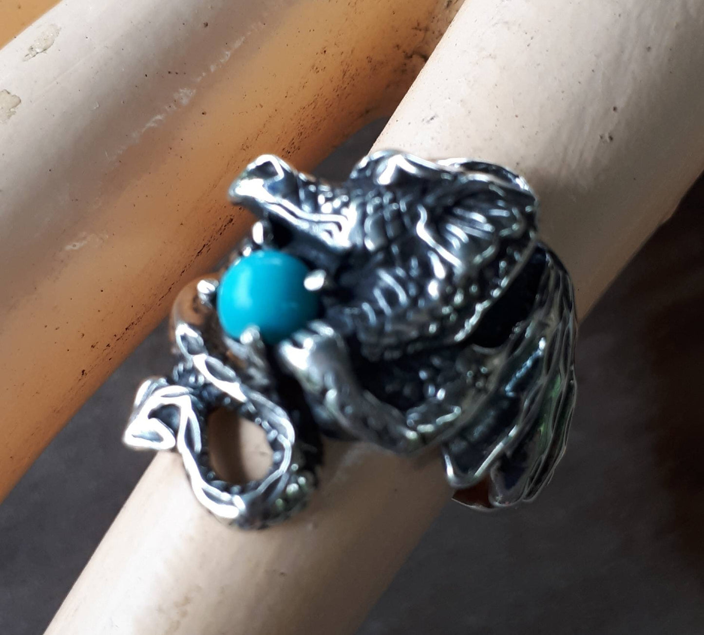 Dragon ring green onyx sterling silver  fantasy mythical steampunk gothic punk green stone ring