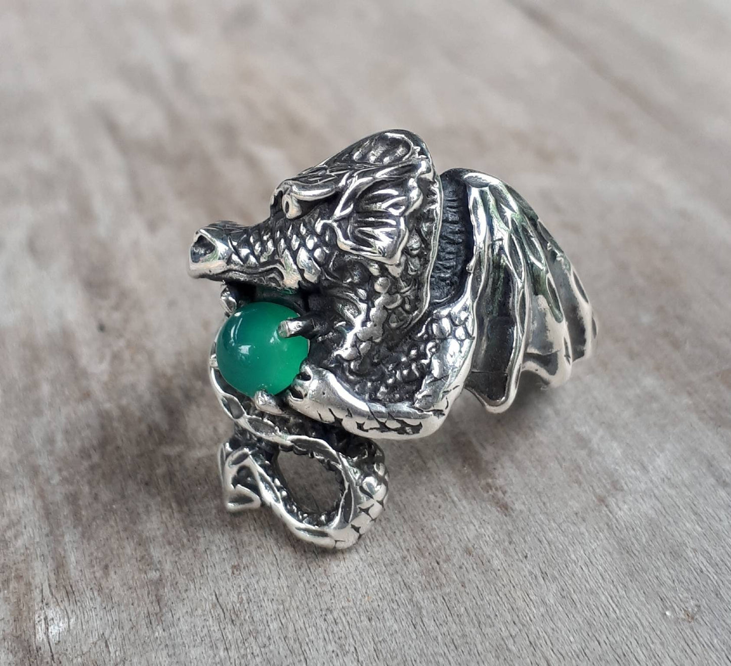 Dragon ring green onyx sterling silver  fantasy mythical steampunk gothic punk green stone ring