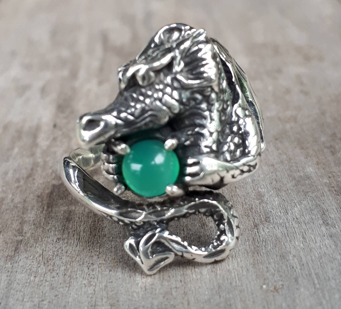 Dragon ring green onyx sterling silver  fantasy mythical steampunk gothic punk green stone ring