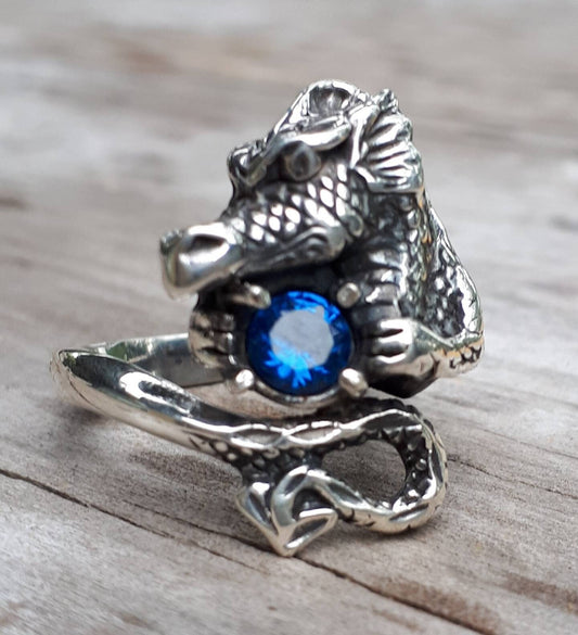 Dragon ring, blue cz, sterling silver,welsh dragon,handmade, fantasy mythical steampunk gothic punk green stone ring