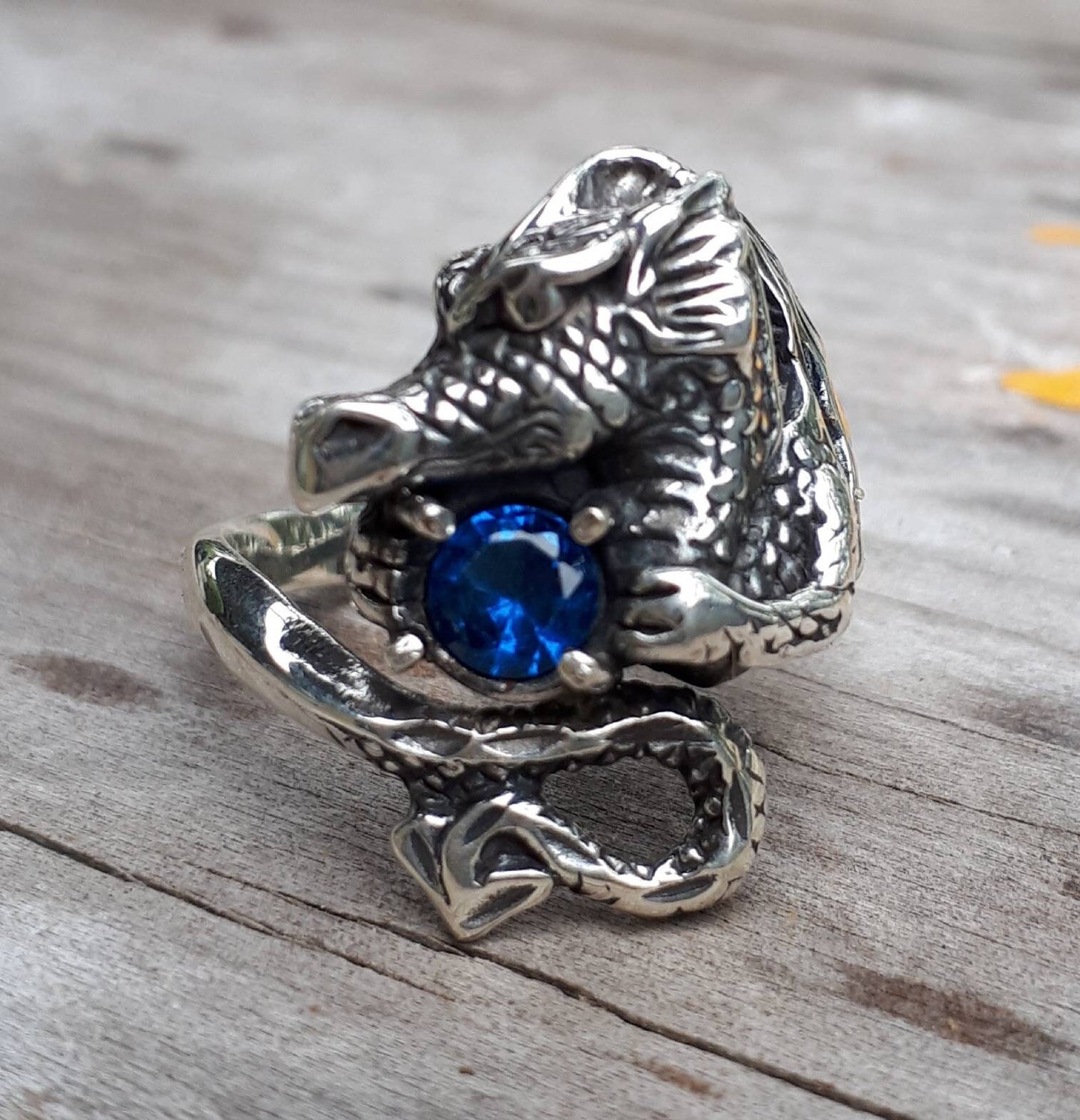 Dragon ring, blue cz, sterling silver,welsh dragon,handmade, fantasy mythical steampunk gothic punk green stone ring