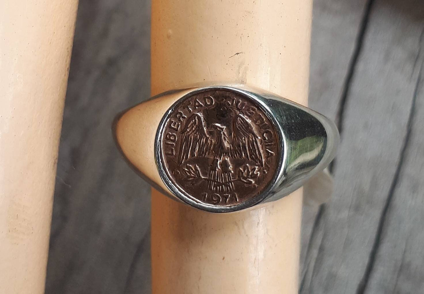 Gold and silver coin ring,signet, two tone ring,quarto peso 9ct gold coin replica,sterling silver  ring,pinkie ring