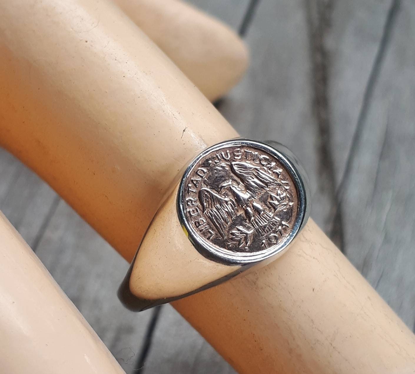 Gold and silver coin ring,signet, two tone ring,quarto peso 9ct gold coin replica,sterling silver  ring,pinkie ring